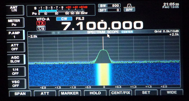 IC-7700 calibration marker, 2.5 kHz span, slow sweep. Photo: VA7OJ.